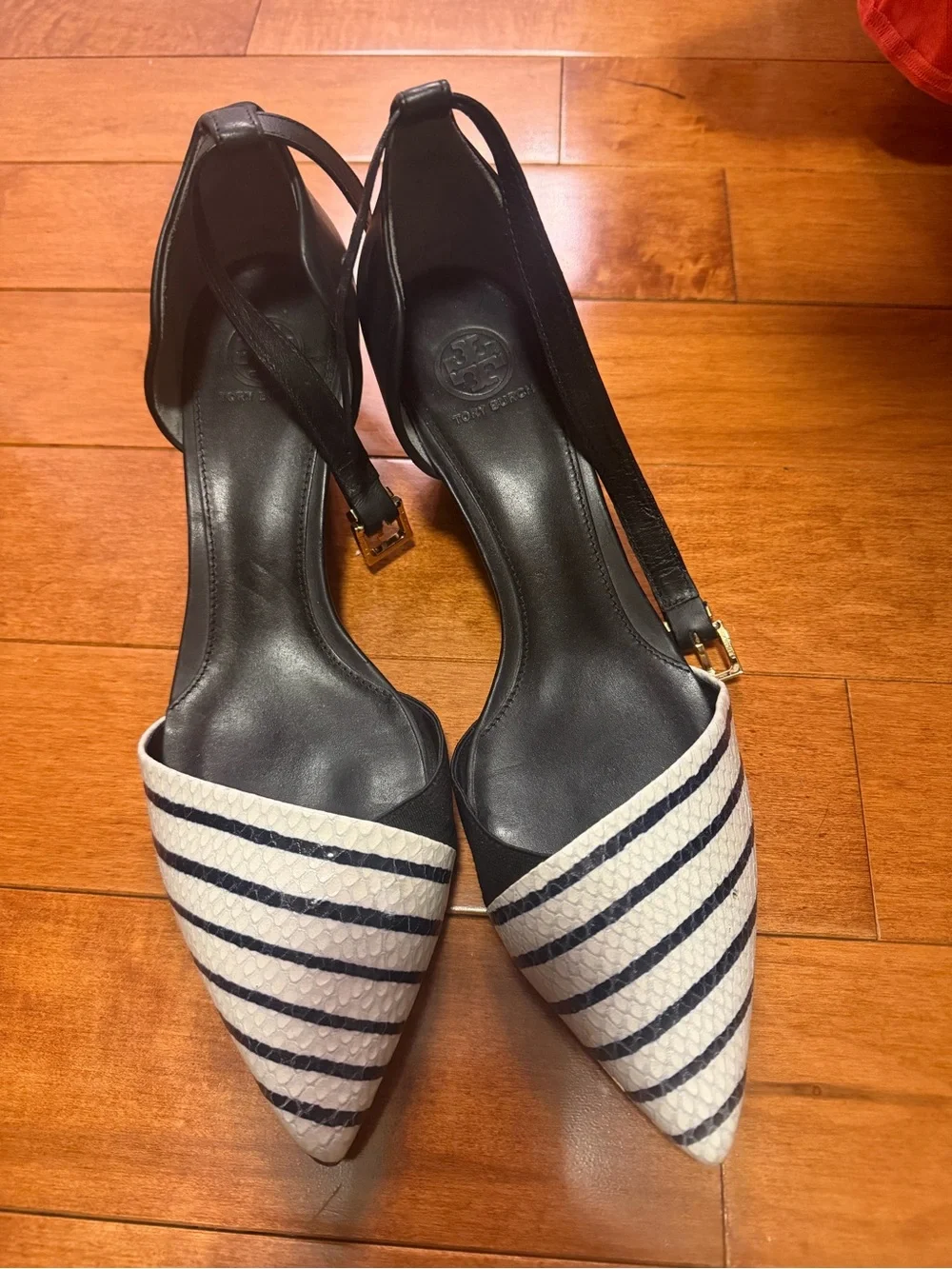 Tory Burch Black and White Striped Pointed Toe Slingbacks